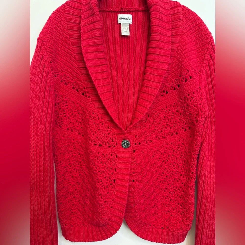 Chico's Red Ribbed Knit Crochet Cardigan Sweater Shawl Collar Women's Size Large